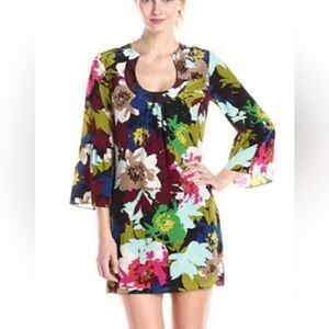 TRINA TURK 20th Holiday 2015 100% Silk Colorful Floral Bell Sleeve Dress Size 12